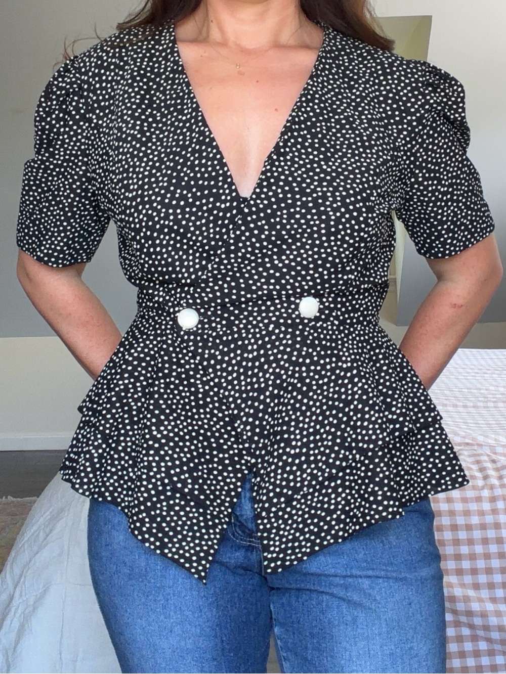 Vintage 80s Pistachio Black White Polka Dot Peplum Wrap Top Puff Sleeve Blouse